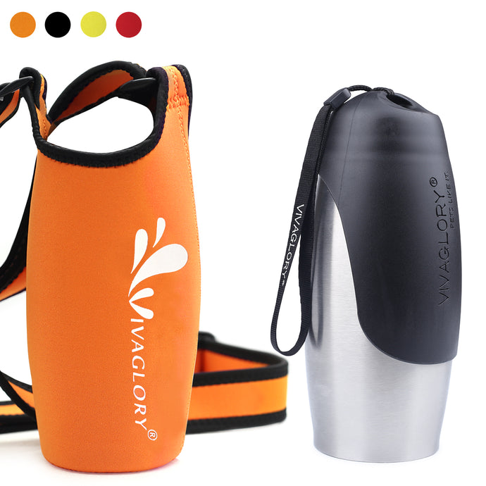 VIVAGLORY 25oz Stainless Steel Water Bottle & Neoprene Bottle Carrier Combo, Dog Drinking Bottles and Water Bottle Holder, Great for Hiking & Traveling with Pets
