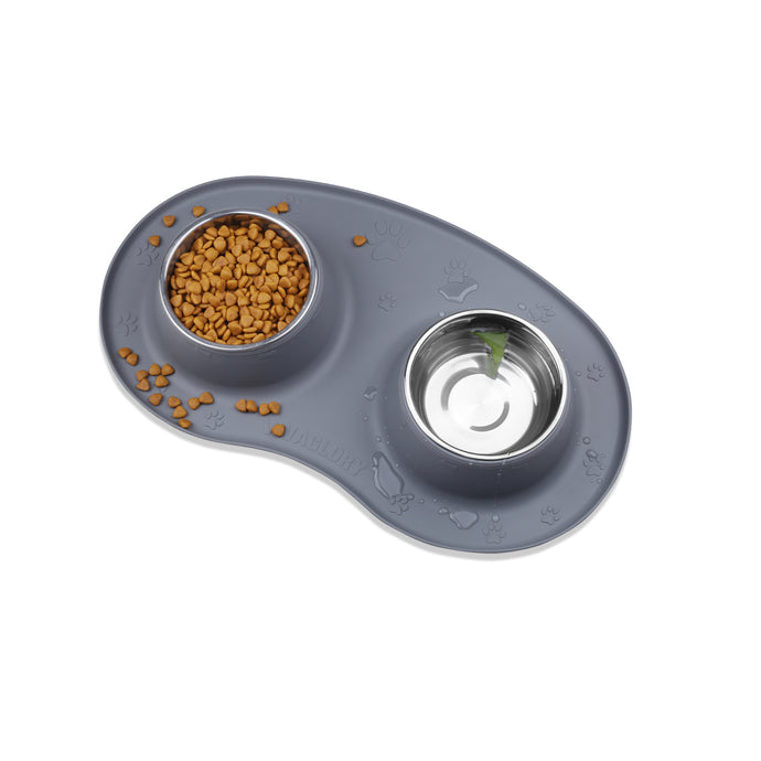 Vivaglory Dog Bowls Set with Double Stainless Steel Feeder Bowls and Wider Non Skid Spill Proof Silicone Mat for Cats Puppies Dogs