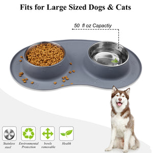 Vivaglory Dog Bowls Set with Double Stainless Steel Feeder Bowls and Wider Non Skid Spill Proof Silicone Mat for Cats Puppies Dogs