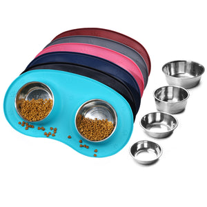 Vivaglory Dog Bowls Set with Double Stainless Steel Feeder Bowls and Wider Non Skid Spill Proof Silicone Mat for Cats Puppies Dogs