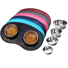Load image into Gallery viewer, Vivaglory Dog Bowls Set with Double Stainless Steel Feeder Bowls and Wider Non Skid Spill Proof Silicone Mat for Cats Puppies Dogs