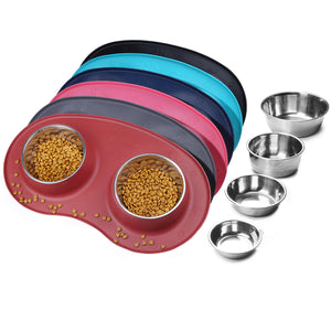Vivaglory Dog Bowls Set with Double Stainless Steel Feeder Bowls and Wider Non Skid Spill Proof Silicone Mat for Cats Puppies Dogs