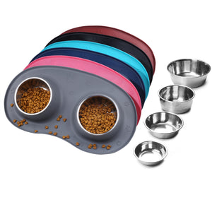 Vivaglory Dog Bowls Set with Double Stainless Steel Feeder Bowls and Wider Non Skid Spill Proof Silicone Mat for Cats Puppies Dogs