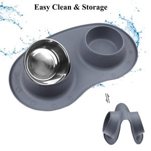 Vivaglory Dog Bowls Set with Double Stainless Steel Feeder Bowls and Wider Non Skid Spill Proof Silicone Mat for Cats Puppies Dogs