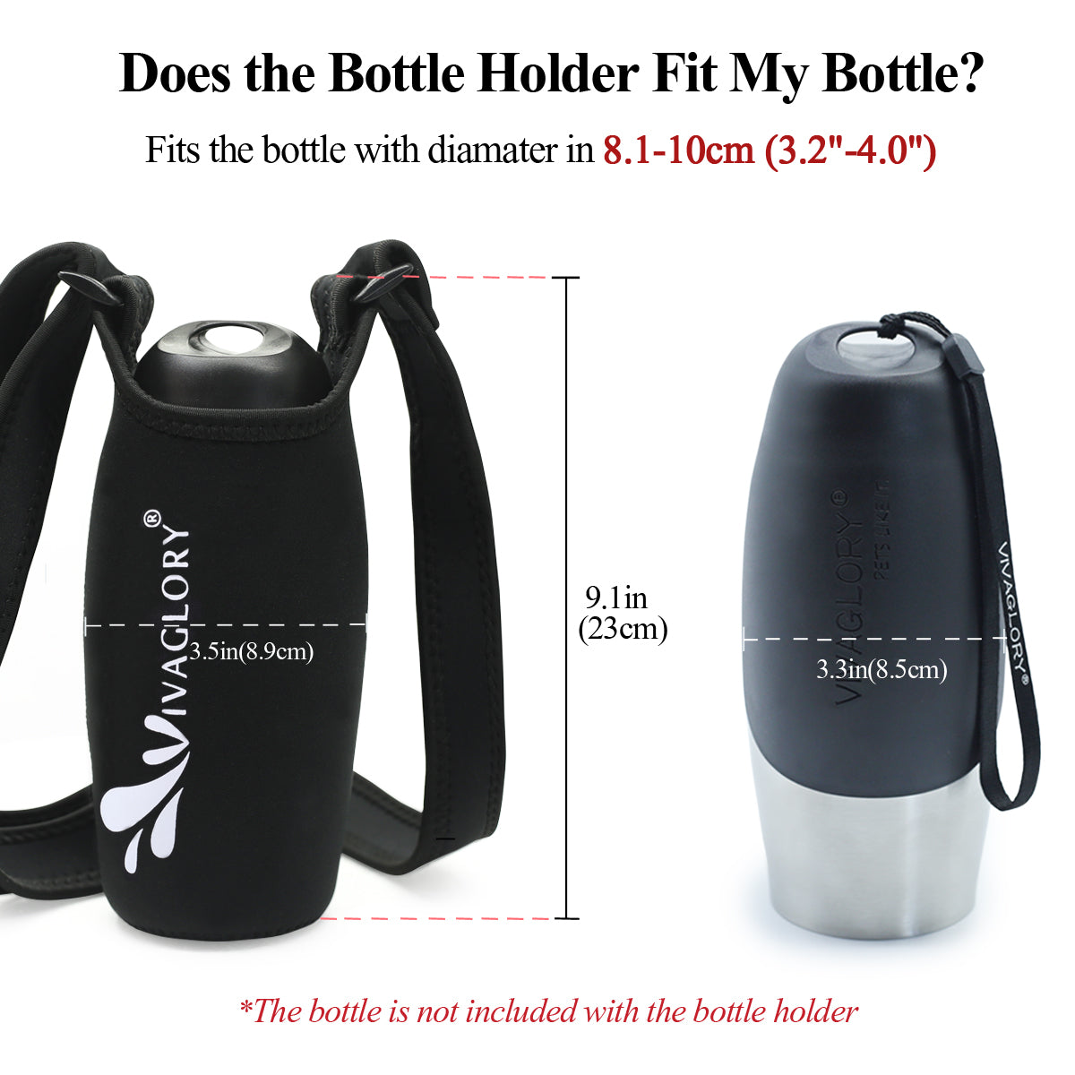Insulated Neoprene Glass Water Bottle Holder with Adjustable Shoulder Strap  for Walking, Silicone BLACK Brush (Black Carrier)