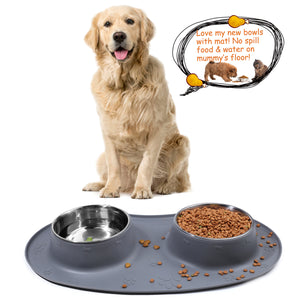 Vivaglory Dog Bowls Set with Double Stainless Steel Feeder Bowls and Wider Non Skid Spill Proof Silicone Mat for Cats Puppies Dogs