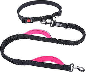 VIVAGLORY New Hands Free Dog Leash with Dual Wavelength Bungees for Medium Large Dogs, Double Handle Reflective Waist Leash for Training Running Walking