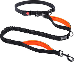 VIVAGLORY Hands Free Dog Leash with Dual Advanced Anti-Shock Bungees and Padded Handles, Reflective Waist Running Leash with Adjustable Belt for Training Jogging for Medium Large Dogs