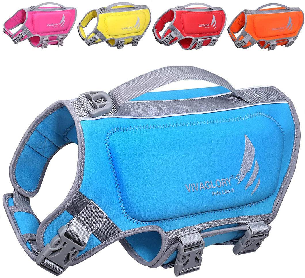 VIVAGLORY Neoprene Dog Life Jacket Reflective & Adjustable Life Vest with Superior Buoyancy and Rescue Handle for Swimming & Boating