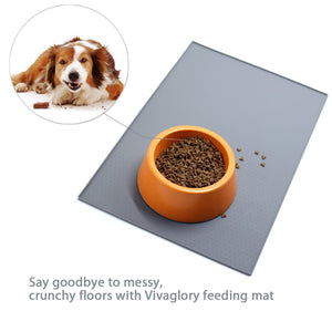 Vivaglory Pet Food Mat 24" L x 16" W or 19" L x 12" W, Waterproof Non-Slip Food Grade Silicone Mat with Raised Edge, Anti-Messy Dog Bowl Mat for Food and Water for Dogs Cats